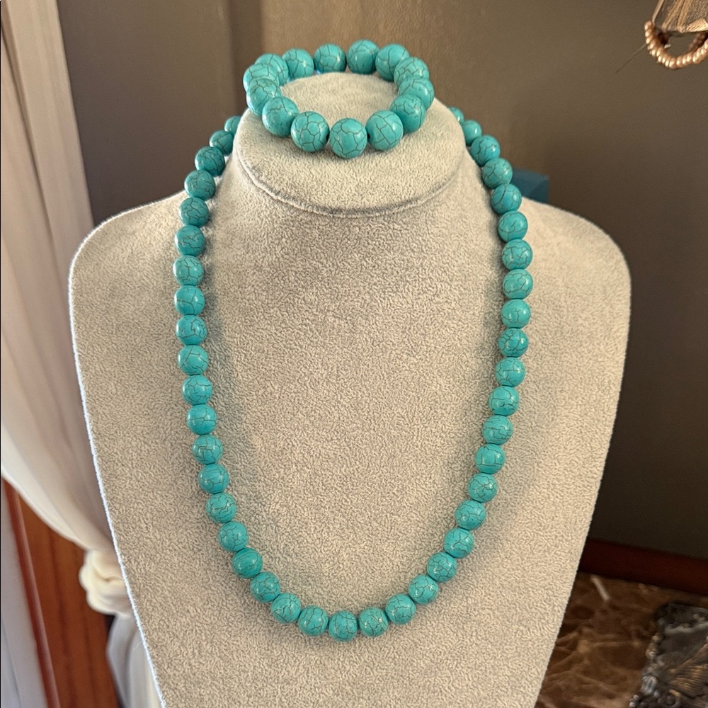 Turquoise 12mm Beaded Necklace and Bracelet Set